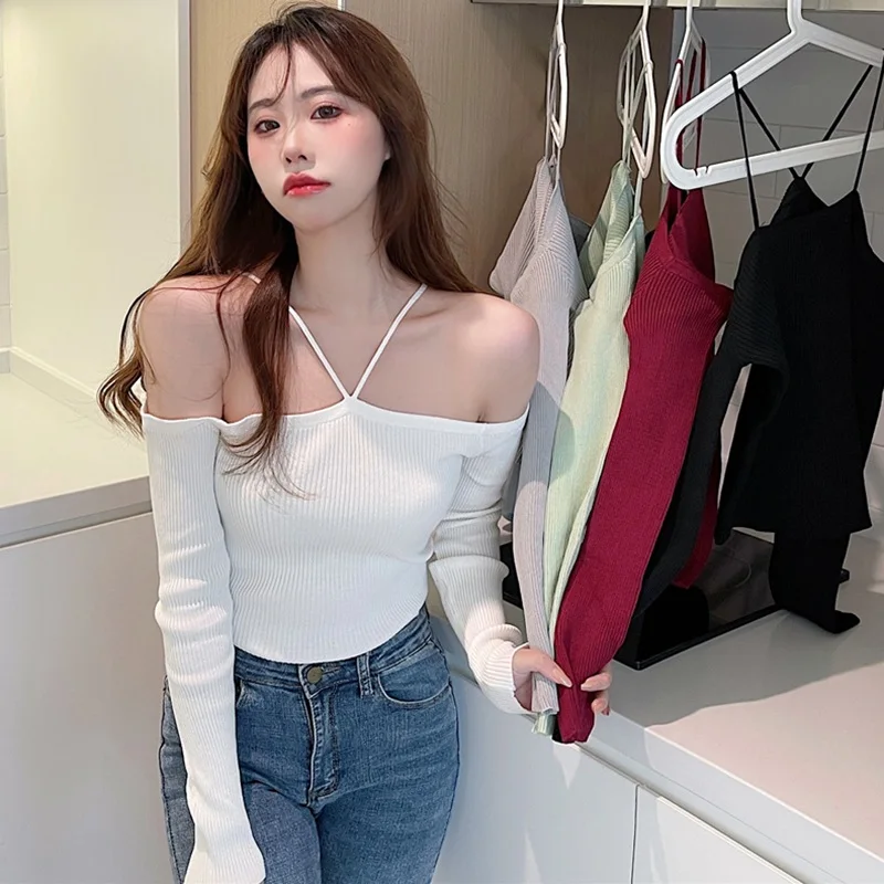 T-shirt damski Koreańskie topy Slim Sexy Halter Off Shoulder Solid Color T-shirt