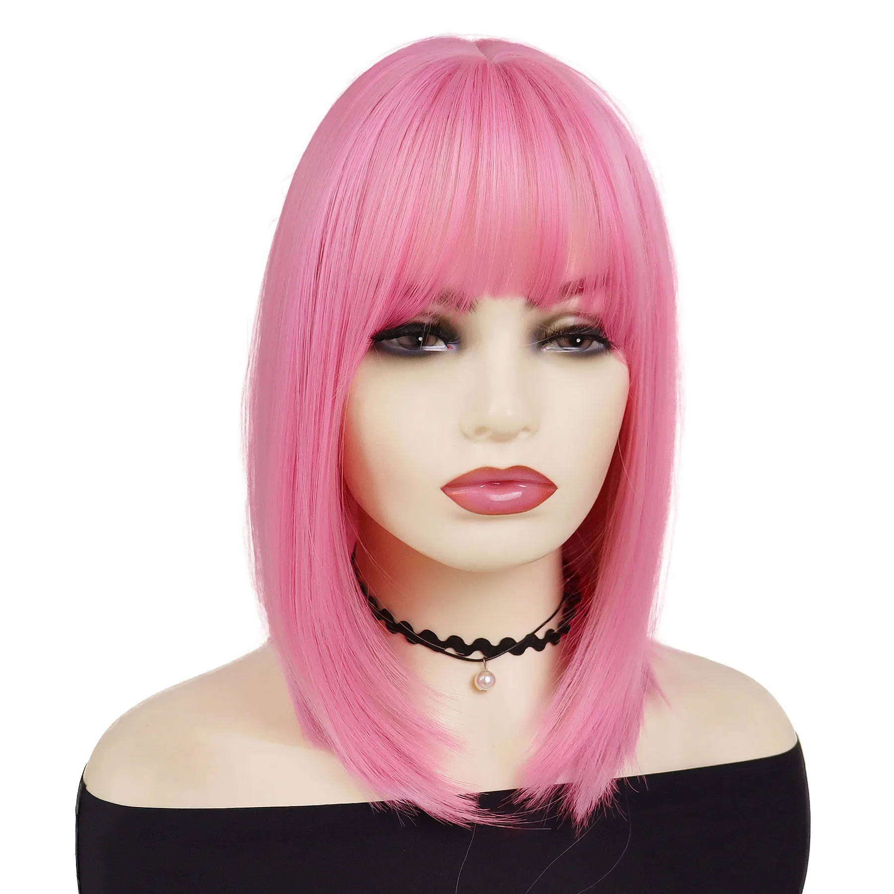 Synthetic Cosplay Wig 16inch Short Bob Pink Wig with Bangs Straight Hair for Women Natural Stylish Look Suitable for Costume