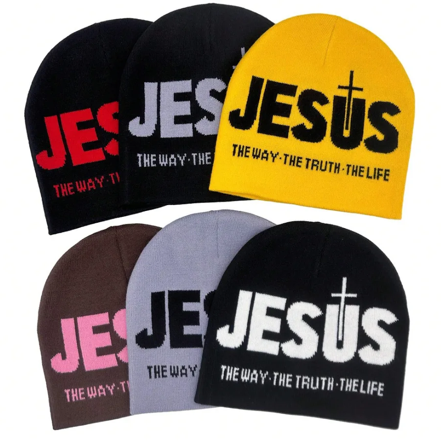 

Knitted "JEsUs" letter inlaid bean hat, men's and women's warm winter casual hat, daily wear and outdoor activities