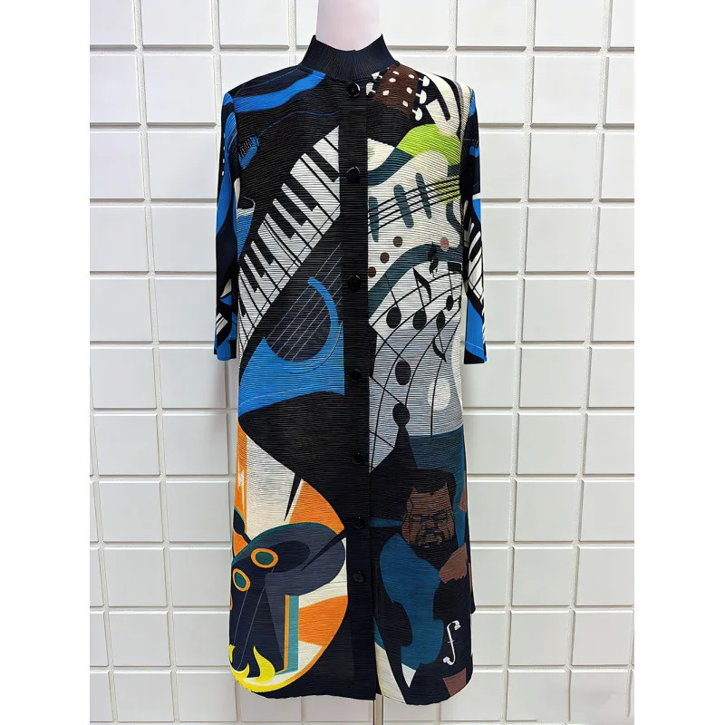 ミヤケ ニッチ ハイエンド ファッション コントラスト ラペル シングルブレスト プリント プリーツ ドレス レディース ルーズ ドレープ ロングスカート 2025 新作