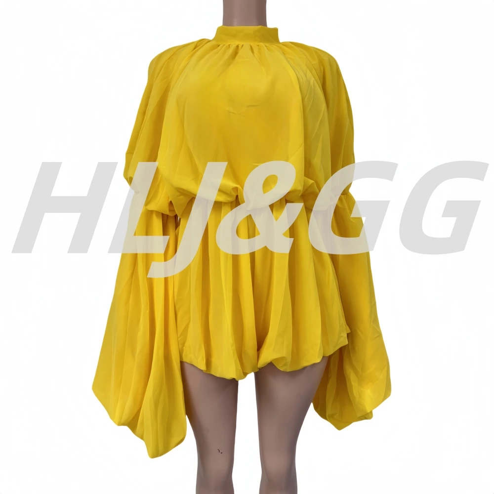 HLJ Casual Ruched Patchwork Bodycon Romper Women Flare Sleeve High Waist One Piece Jumpsuit Female Streetwear Overalls Summer