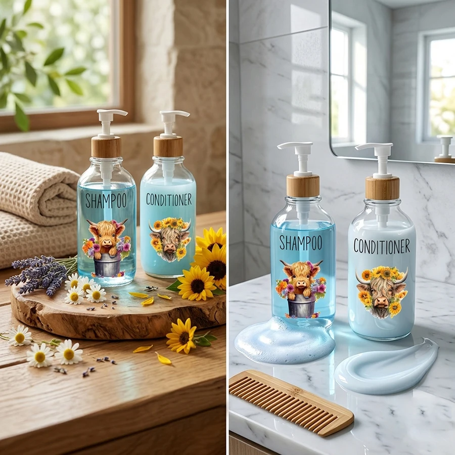3Pcs Highland Cow Sunflower Soap Dispenser Cattle Floral Clear Liquid Soap Container Plastic Dispenser with Pump Refillable