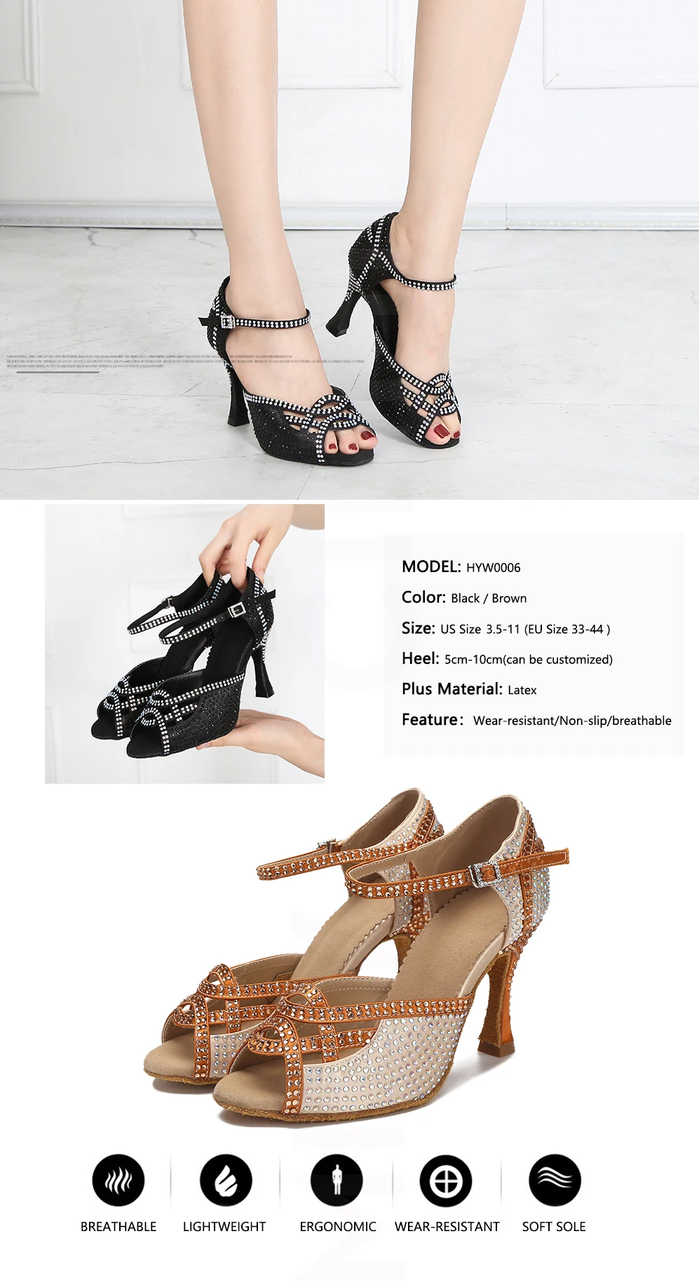 CINMIDY Damen Tanzschuhe mit Strass, Schwarz, Weiche Sohle, Salsa Tango Latin Tanzschuhe, Indoor Ballroom Mode Party Sandalen – Detail 2