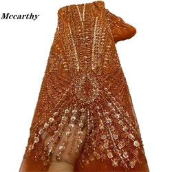 African Luxury Beaded Tulle Lace Fabric 2024 Nigerian Handmade Heavy Sequins Pearls Lace Fabric Fro Bridal Wedding Dresses XZ78