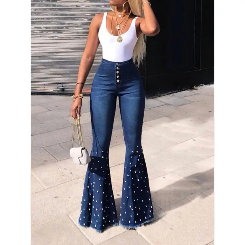 

High Elastic Cotton Big Horn Women Jeans Pants Hot Drilling Faionable Ladies Denim Trousers Comfortable Fit Spring Season