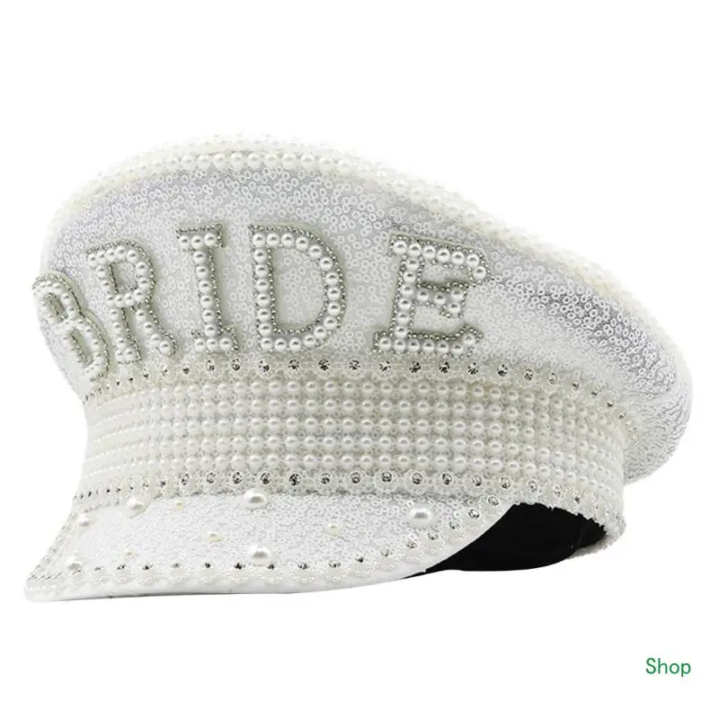 

Dropship Bridal Hat Captain Hat Shining Pearls Gleaming Sergeant Hat for Bride