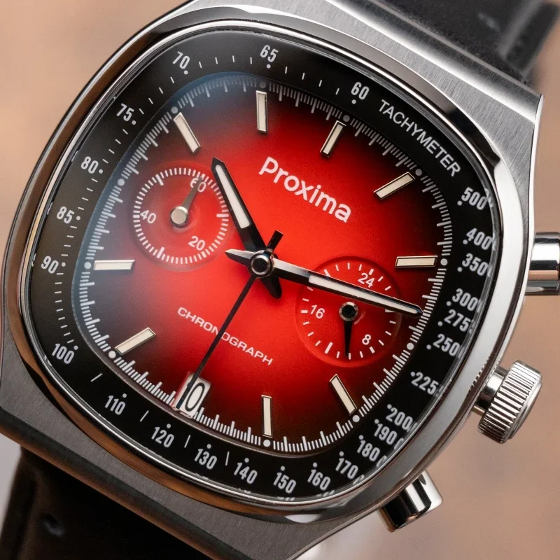 Proxima PX1734 Retro Square Quartz Chronograph Man Watches Sapphire Glass Red Gradient Dial Fashion Wristwatch for Men 10Bar