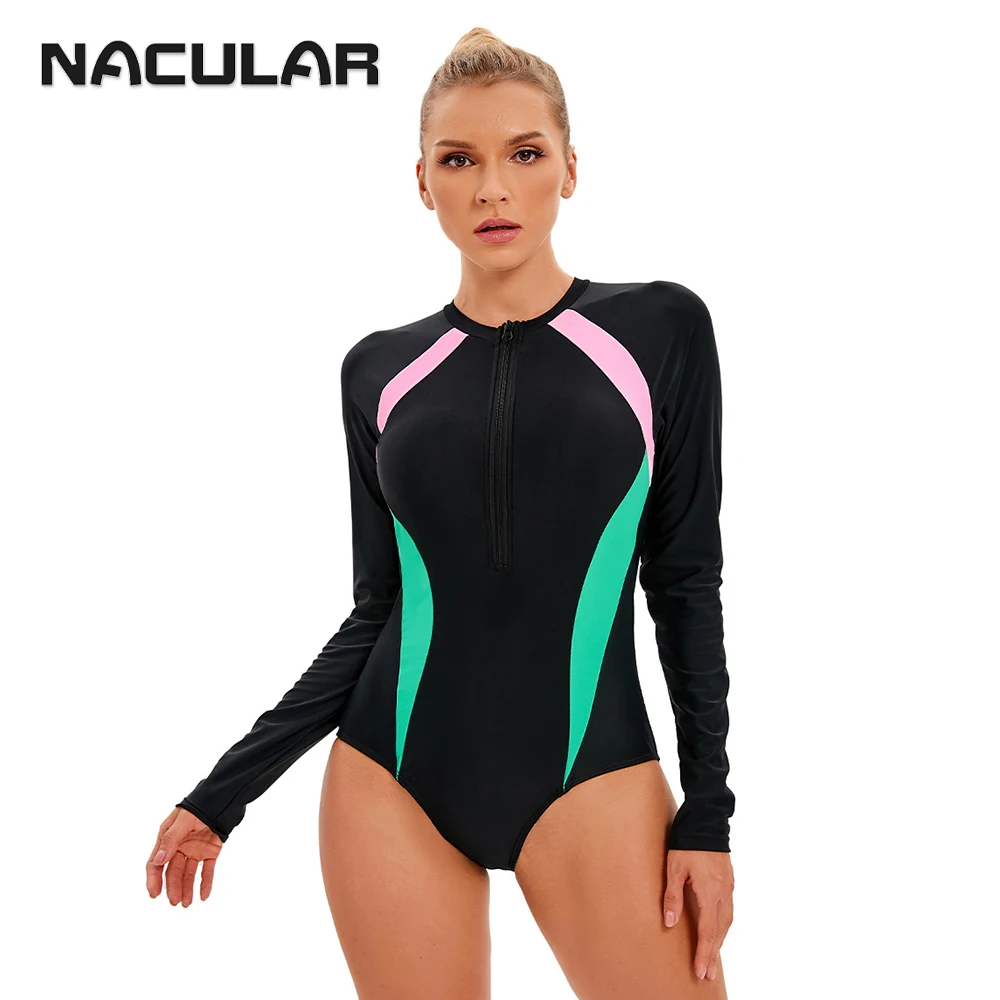 NACULAR-traje de baño de manga larga para mujer, bañador deportivo de retazos, talla grande, surf, traje de baño de una pieza con cremallera para playa