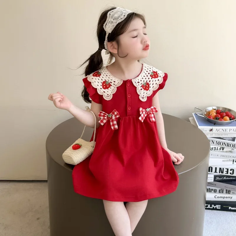New Girls' Clothing Set Summer Children's Lace Princess Dress with Bow Red Strawberry Vest