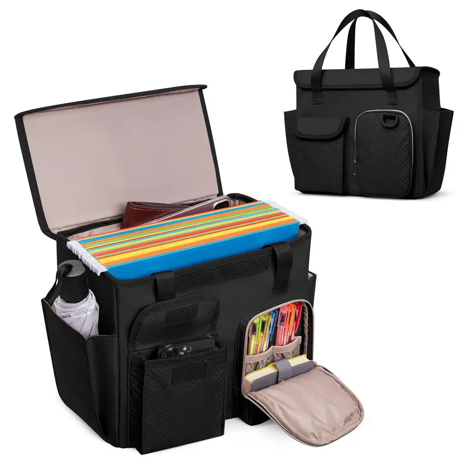 

File Organizer Box with Lid, Portable Document Organizer Bag with Handle, Suitable for Letter Size Hanging File Folders, Black
