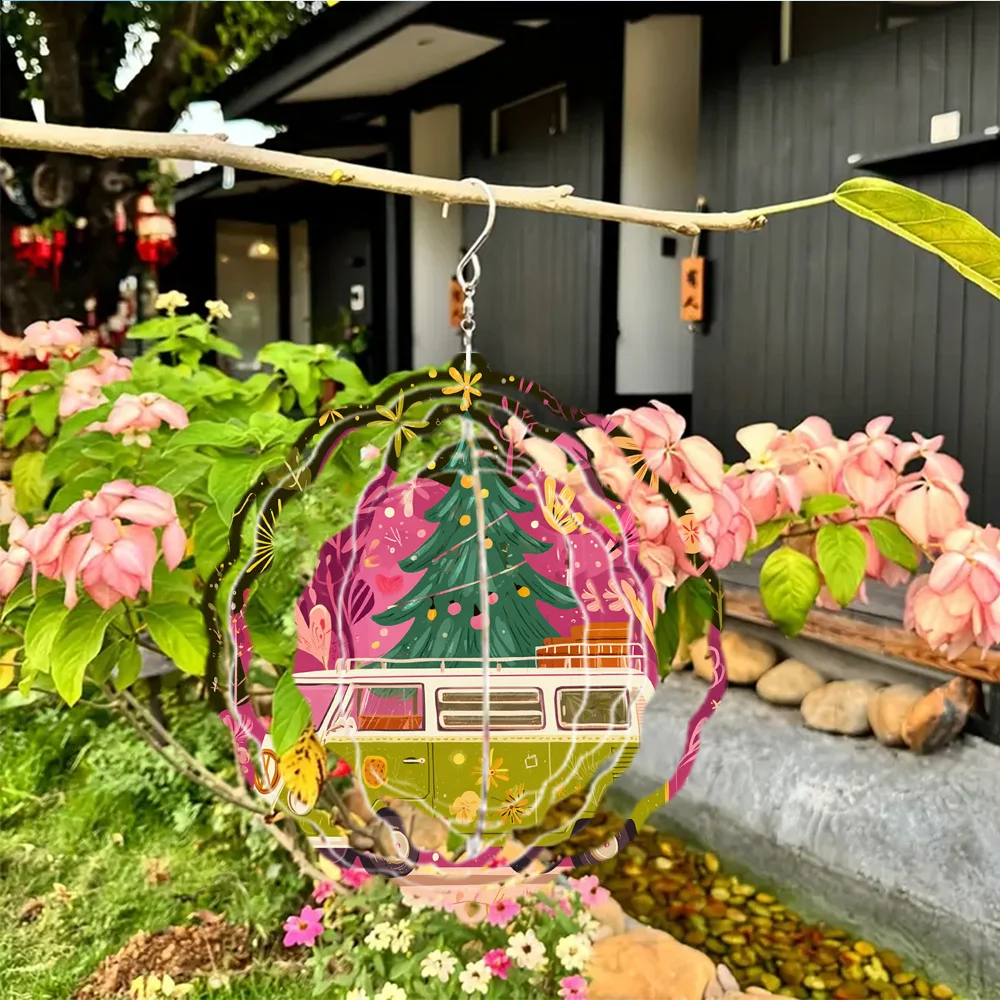 Vintage Forest Camping Bus Wind Chime, Ideal for Holiday Decorations, 3D Rotating Wind Chime, Large-sized Outdoor Bird Deterrent