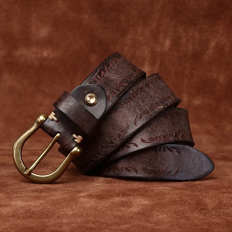 Men's Genuine Leather Belt, Thickened Extra Thick Vintage Embossed Full Grain Leather Casual Cowboy Strap with Horseshoe Buckle