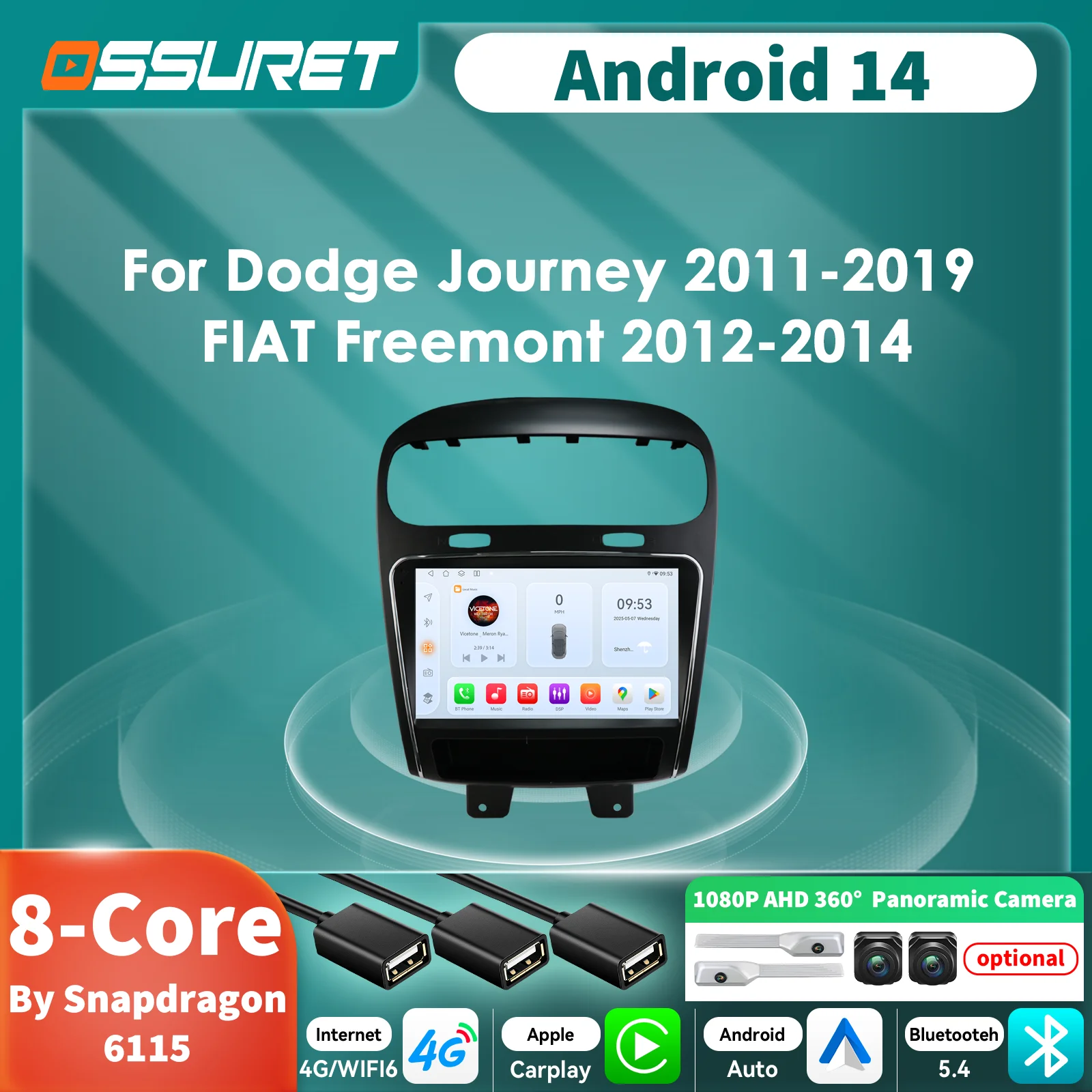 2DIN Carplay Android 14 autoradio per Dodge Journey 2011-2019 FIAT Freemont 2012-2014 lettore multimediale GPS Stereo 360 fotocamera