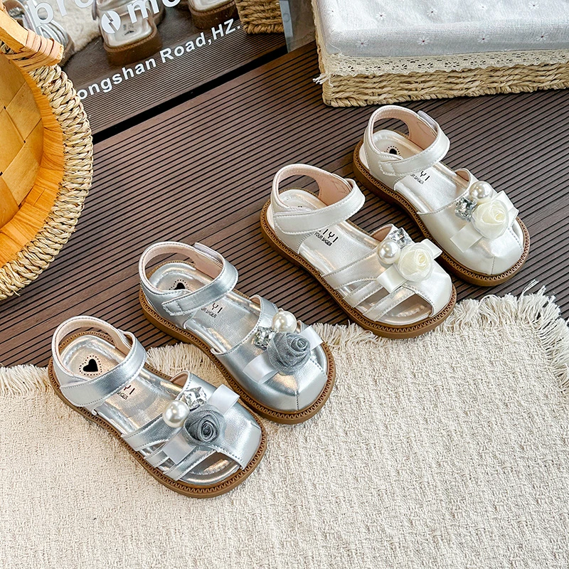 Girls Toes Capped Sandals with Flowers Soft Sole Hook & Loop Children Summer Princess Dress Shoes Kids Hollow Out Sandals