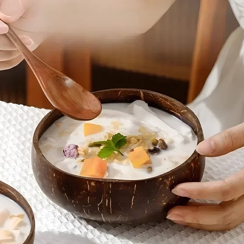 WIKHOSTAR-cuencos de coco para servir platos, ensalada de madera, cuenco de cáscara de coco Natural, utensilios para servir, fiesta de desayuno