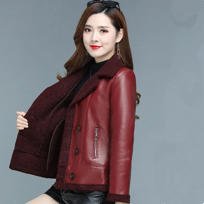 UHYTGF 5XL Jacket Women Double Breasted Plush Warm Short Leather Outewear Female Quality PU Leather Autumn Winter Coat Ladie 202