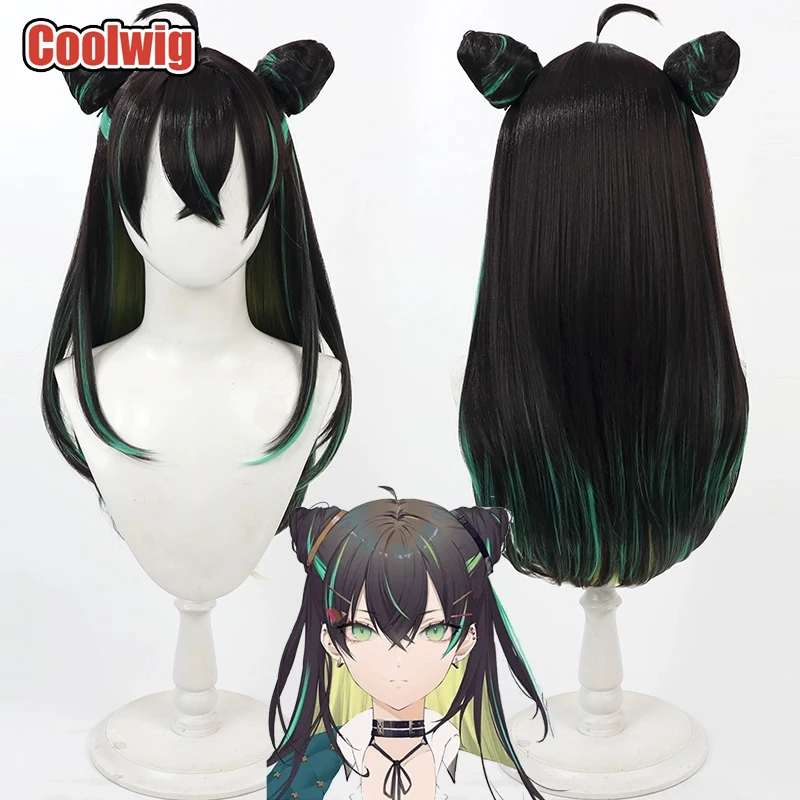 coolwig-人工毛八重鳥コスプレウィッグお団子付き-towa-tsugai-八重鳥ロングストレート黒混合緑ウィッグ耐熱