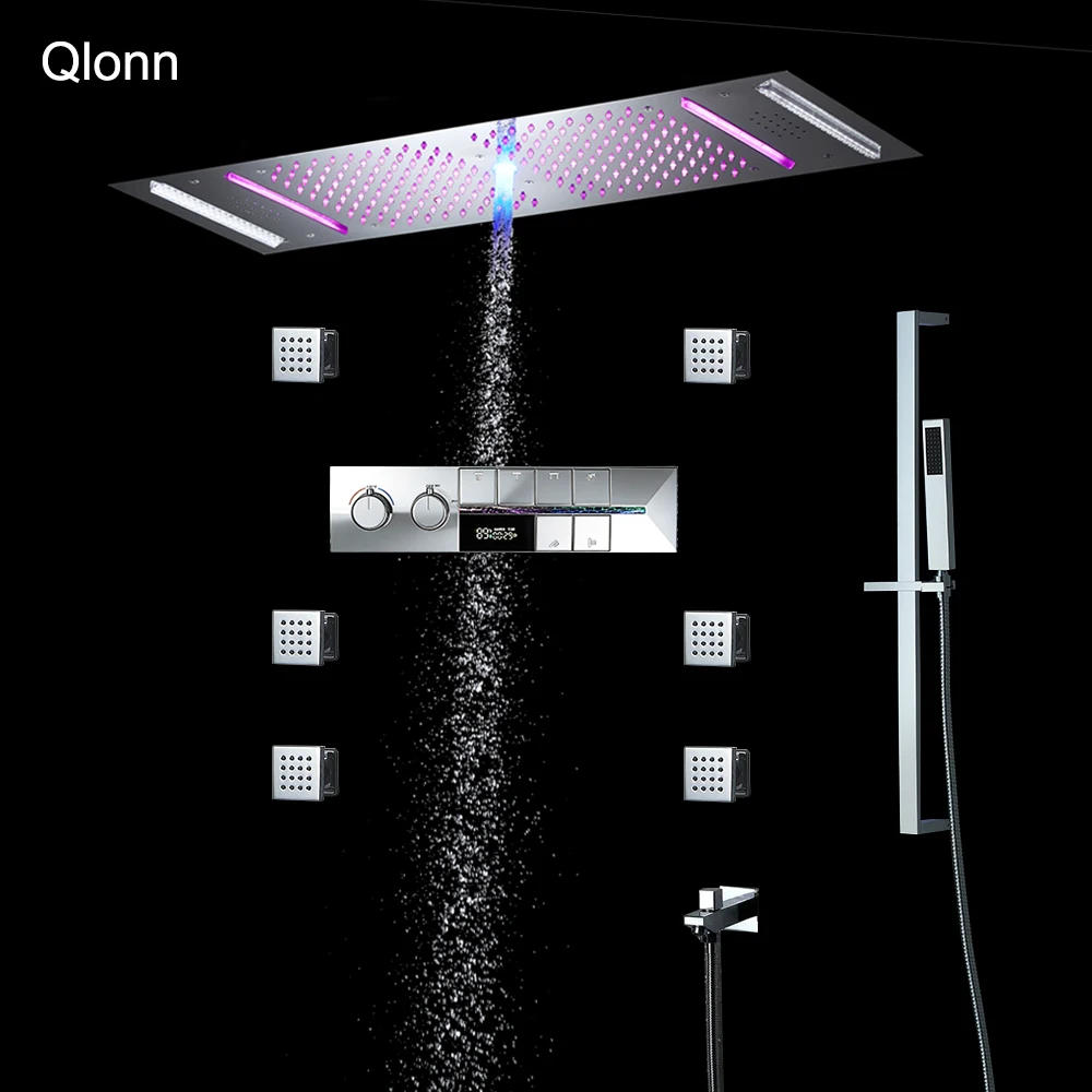 Qlonn 35×12 Inch Bathroom Luxury Spa Shower System Thermostatic Mixer Faucet LED Music Shower Panel with Massage Jet for Couples