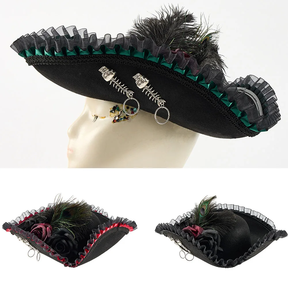 Lace Pirate Hat Costume Accessory Theater Performances Vintage Black Cap Steampunk Headwear Halloween Cosplay Props Party Hat
