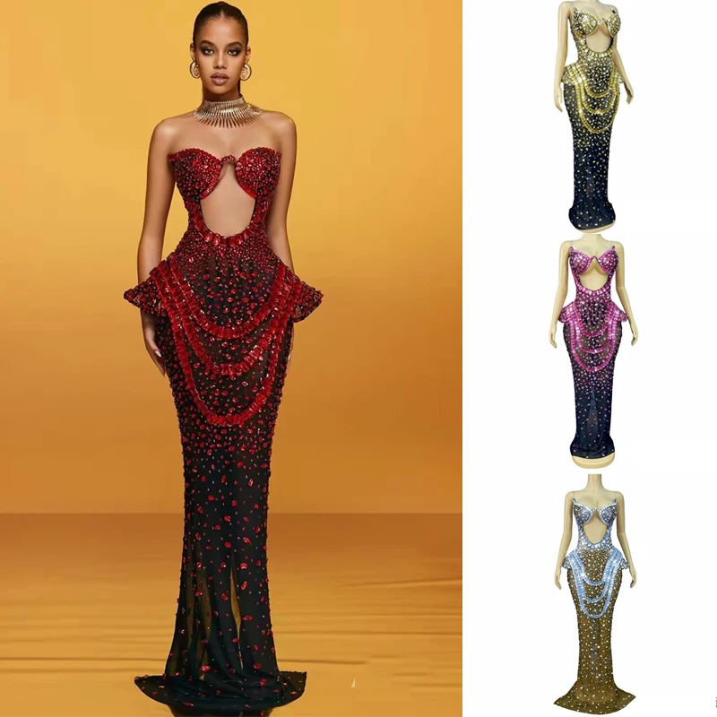 Sukienka z pełnymi zdobieniami z kryształków, strój dla piosenkarki, wieczorowa, na imprezę w klubie nocnym, festiwal, sukienki sceniczne, na wybieg, XS10259