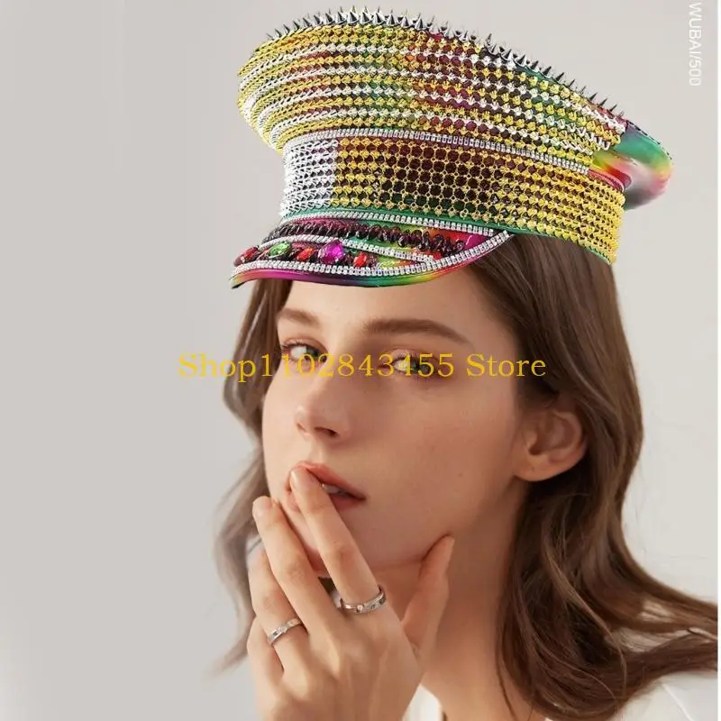49MC Colorful Captain Cap for Wedding Masquerade Party Hat Bride Flat Top Hat Role Playing Hat