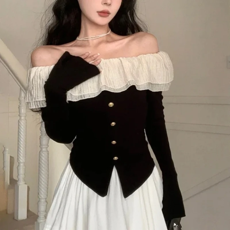 Women T Shirts Off Shoulder Tops with Layered Ruffle Bell Sleeve Button Front Off-the-Shoulder Knit Top Jumper Ladies Coquette