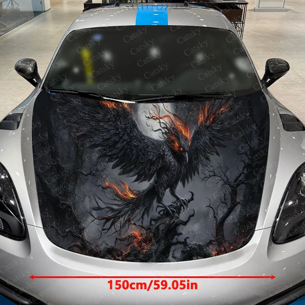 Night Fire Black Phoenix Descends Car Vinyl Wrap, PVC Waterproof Car Hood Sticker, Self-Adhesive Scratch-Resistant Stickers