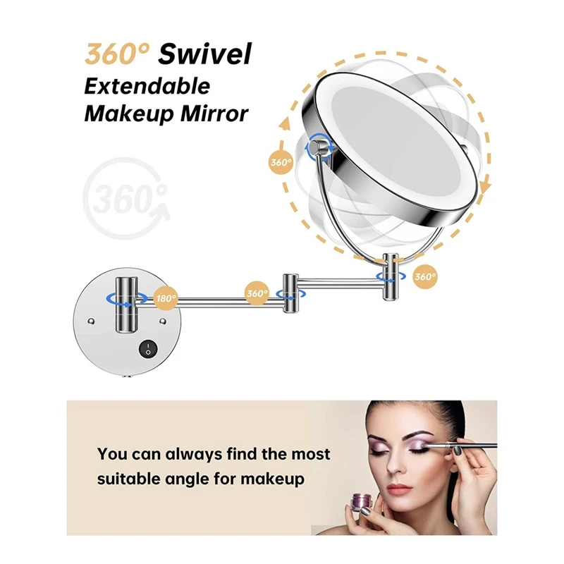 LED Wall Mounted Hanging Mirror Round Double Sided 1X/10X Magnifying With Light Button 360 Swivel-Chrome US Plug