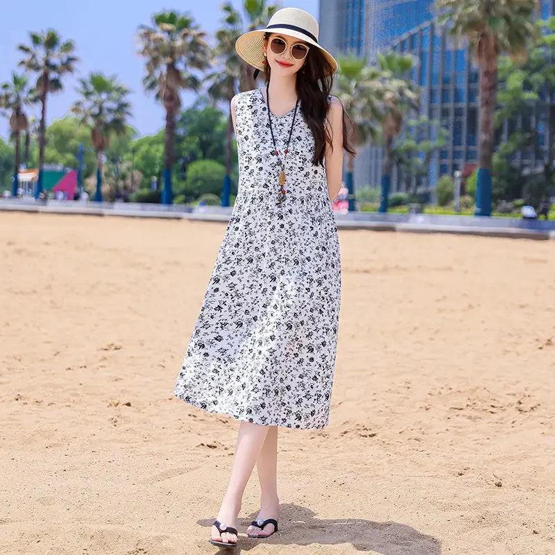 Modna sukienka na ramiączkach z motywem kwiatowym, wykonana z sztucznego jedwabiu bawełnianego, damska letnia sukienka dla mamy, luźna, duży rozmiar, spódnica o kroju litery A za kolano.