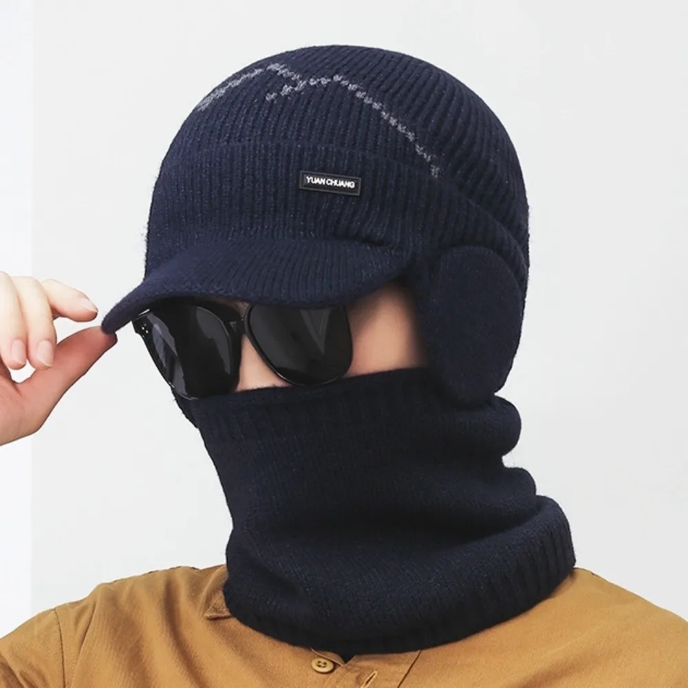 2Pcs Set Windproof Knitted Hat Neck Gaiter Thicken Soft Sheep Wool Scarf Plush Warm Winter Autumn Hat with Earflap Outdoor