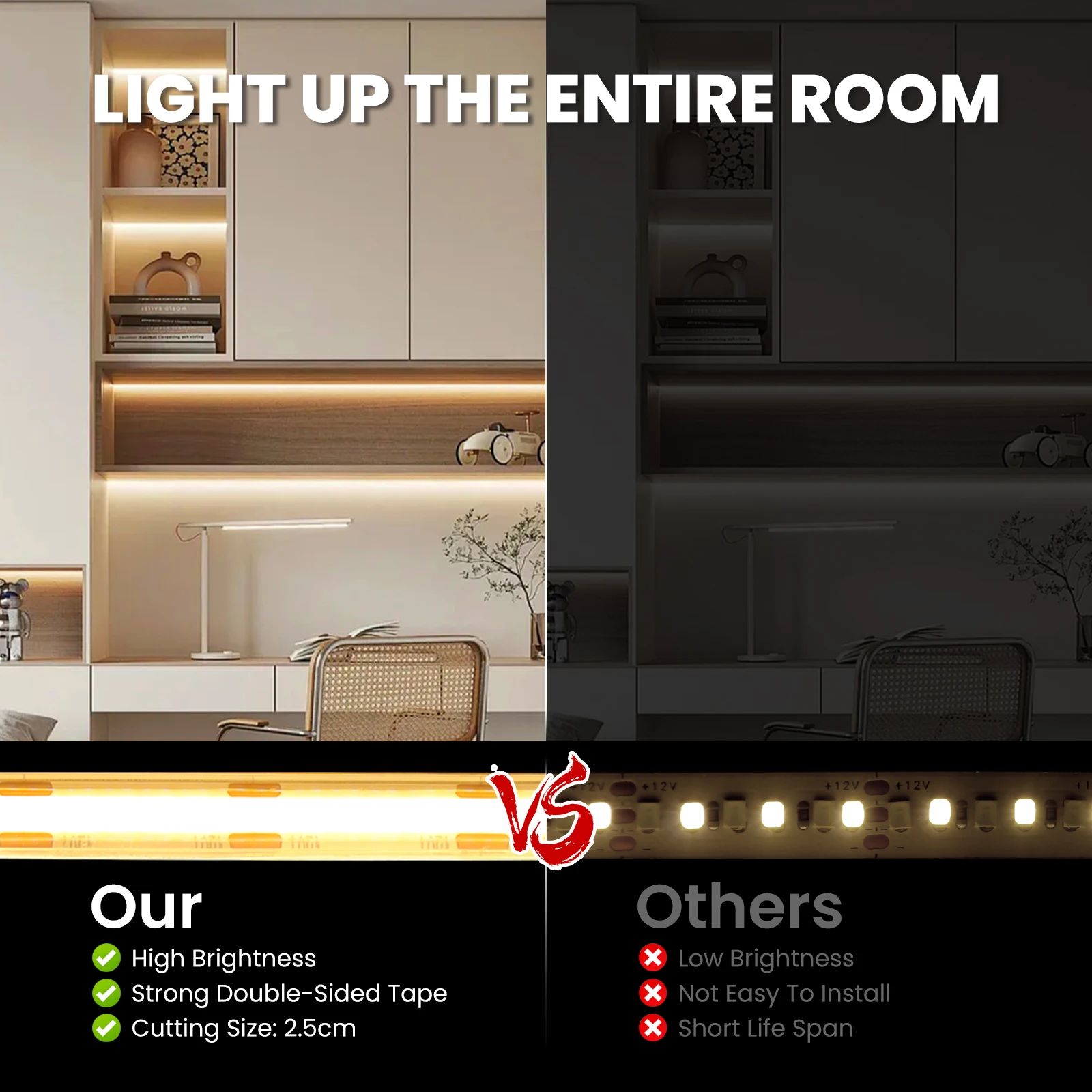 IP67 Waterproof COB LED Strip Light DC12V 24V 480LEDs/m High Density RA90 Flexible Ribbon Adhesive Tape Room Kitchen Decor 1-20M