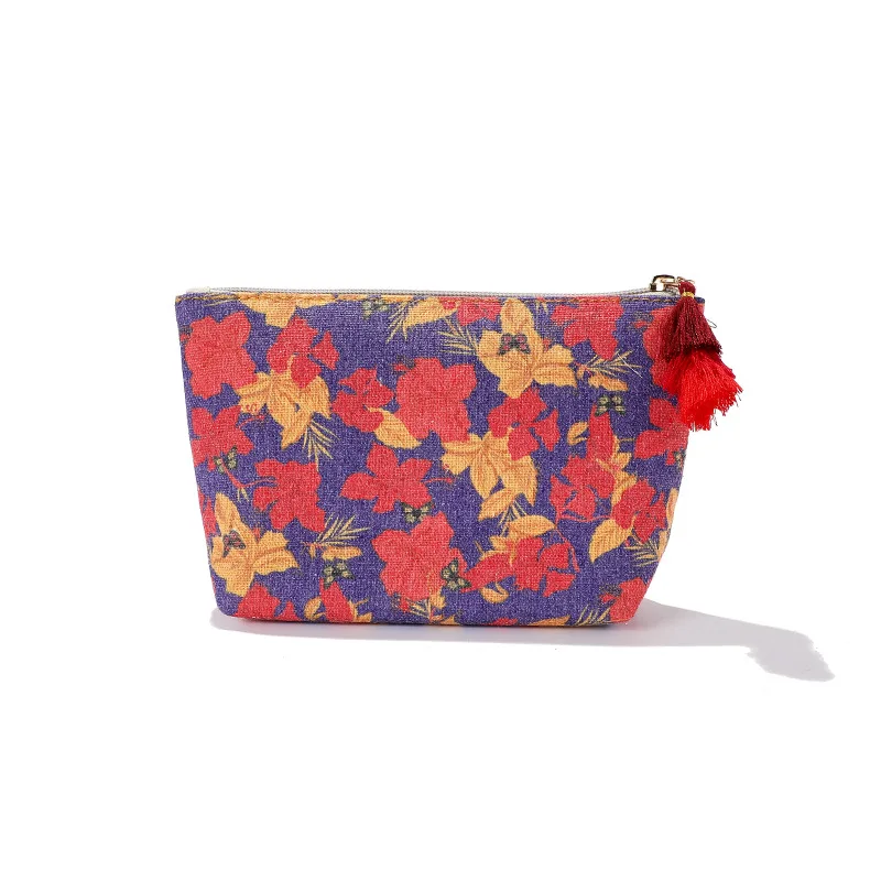 5pcs Cosmetic Bags Women Canvas Flower Leaf Printing Large Capacity Coin Purse With Tassel