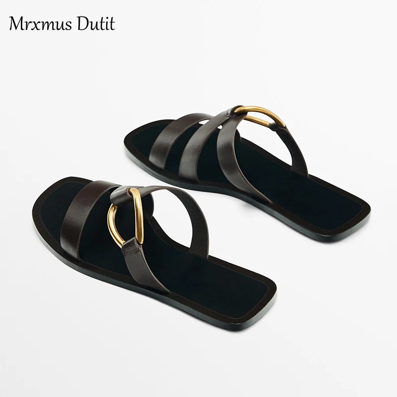 Mrxmus Dutit Metal-Ring Trim Flat Sandals 2023 New Summer Fashion Genuine Leather Women Sandals Casual Simple Beach Shoes