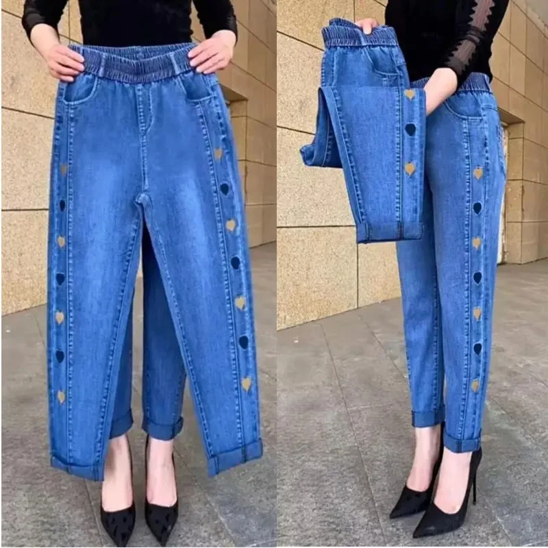 Fashion Casual Mom Jeans Summer Big Size Women Thin 40 Or 50 Years Old Heart Women High Waist Stretch 2024 Spring Autumn Slimmin