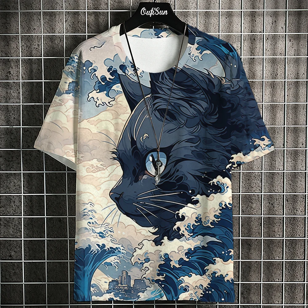 Samurai Cat T-Shirt For Men Summer Trendy Japanese Short Sleeve Tees Oversized Streetwear Casual Sweatshirt Male Clothing Tops