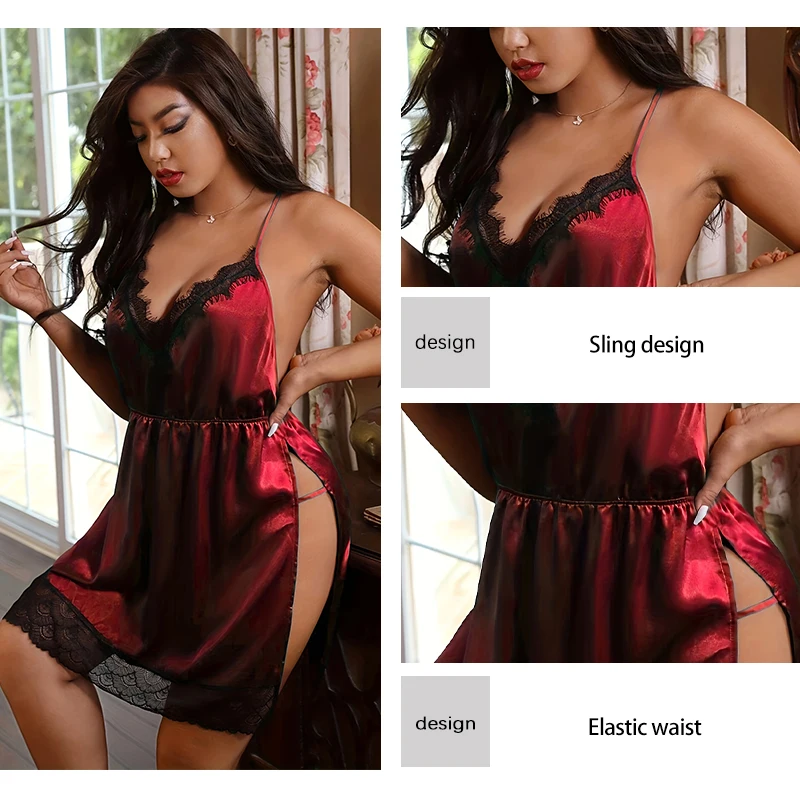 Plus Size Women\'s Sexy Lingerie with Silk Surface and Lace Skirt Hem High Slit Waist Closure Sexy Deep V Summer Pajamas