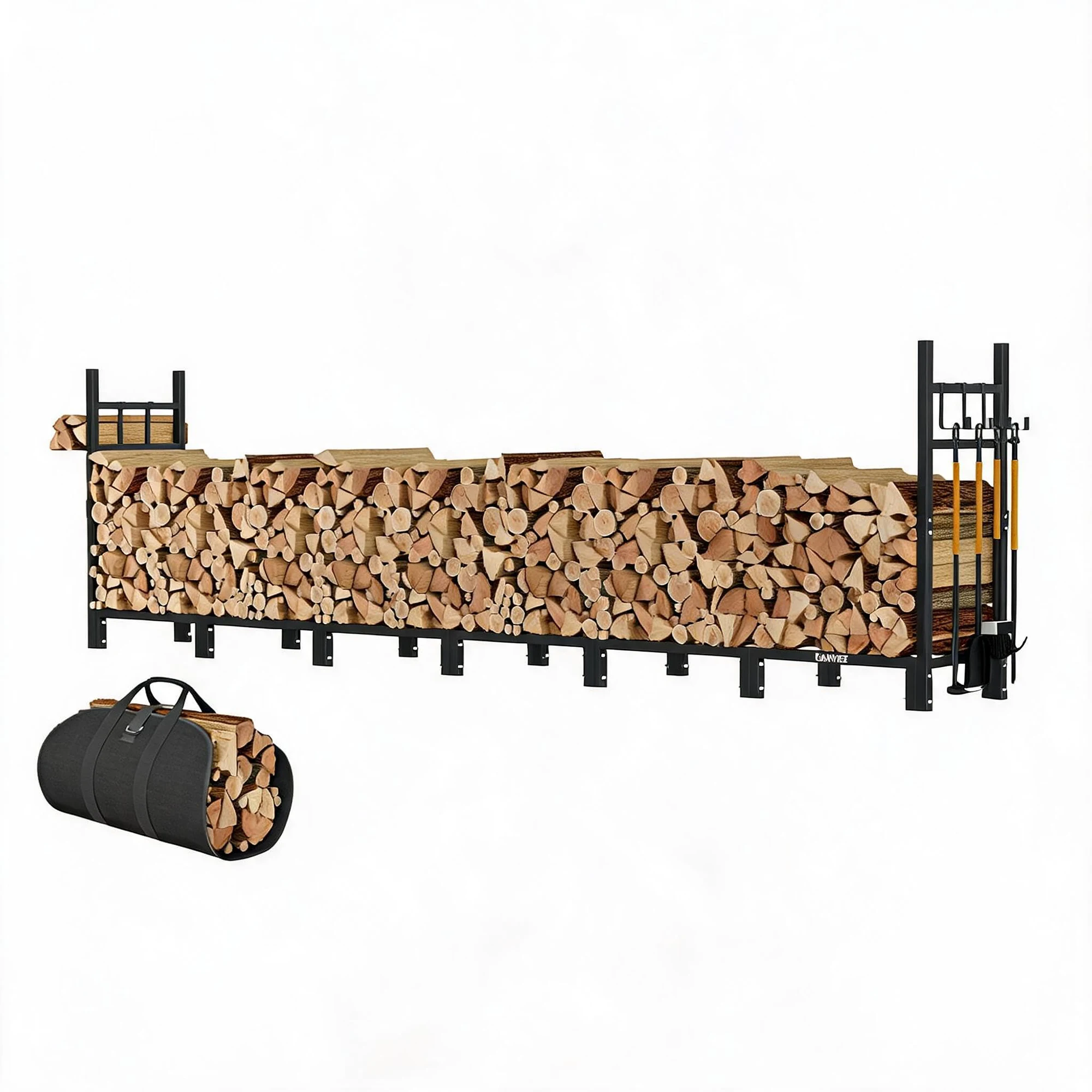 34 Inch Firewood Rack With Waterproof Canvas Log Carrier, Adjustable Feet, Kindling Hooks And Tool Hooks For Patio Fireplace Deck
