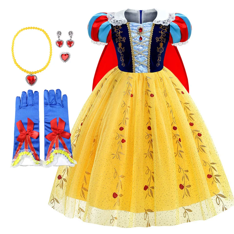 

3-10 Year Baby Princess Costume Kids Snow White Red Yellow Pageant Clothes Girls 2023 Halloween Lace Dress Carnival Cloak Outfit