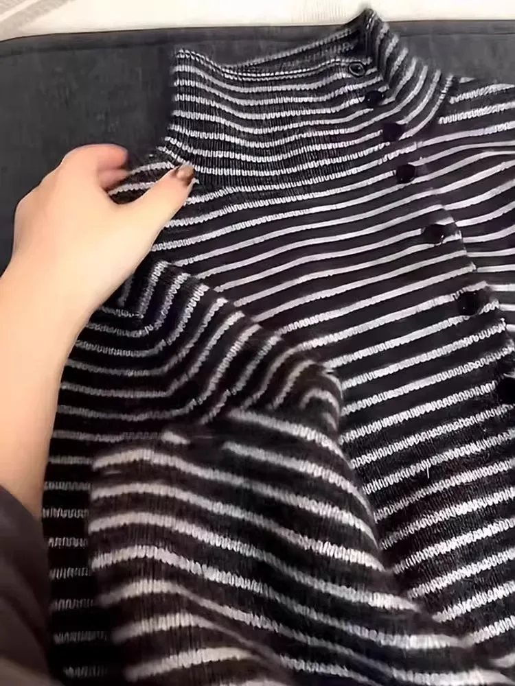 Emagrecimento listrado malhas f gola alta roupa interior feminina outono inverno plus size esconder carne topo coreano sle solto ajuste