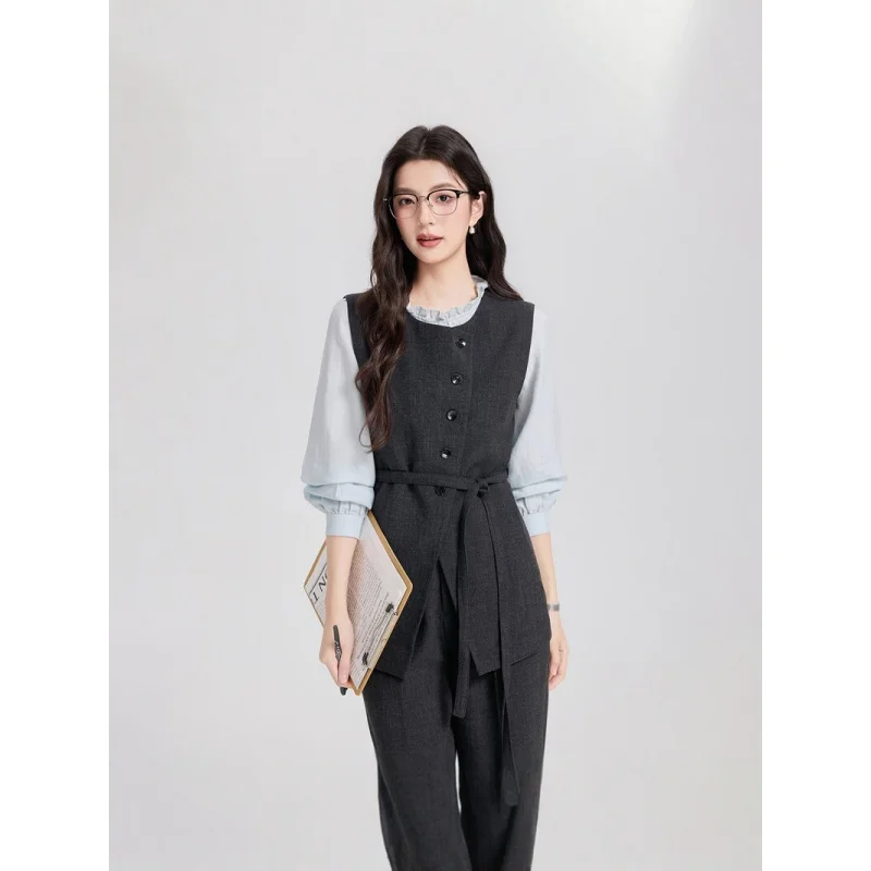 

Elegant Commuting Suit Vest Set for Women, New Spring and Autumn Korean Style, Lace-up Sleeveless Vest and Shirt Two-piece Set