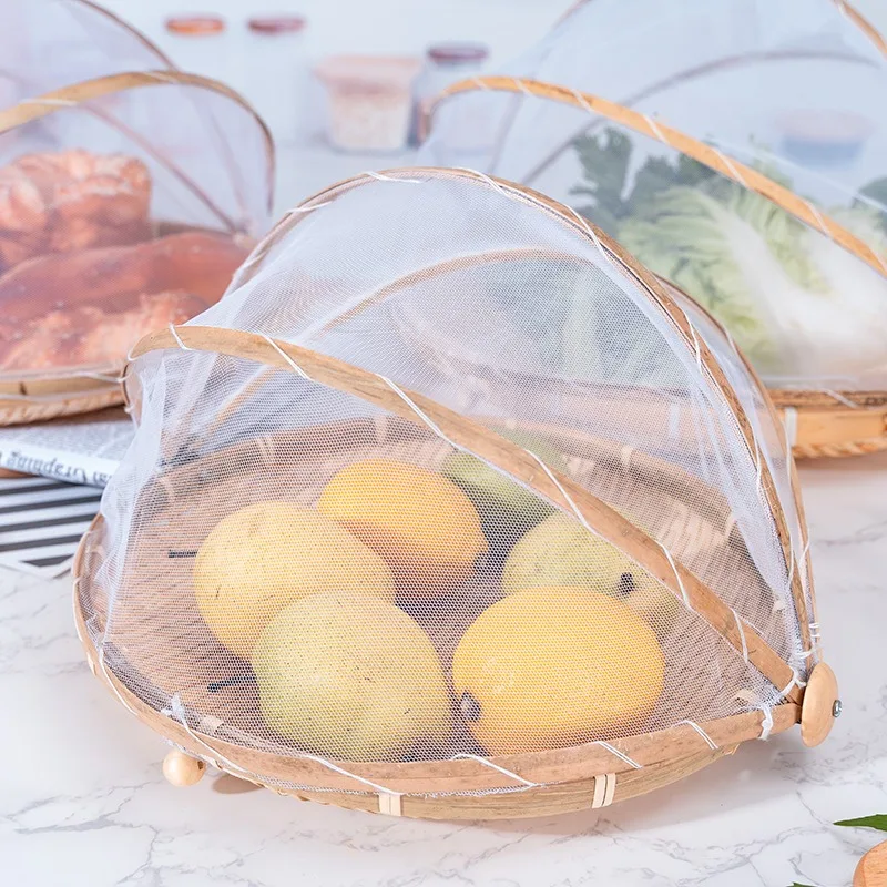 Bamboo Woven Basket Anti-Mosquito Net Fruit Vegetable Basket Dustpan Tent Basket Tray Portable Outdoor Picnic Mesh Net Cover view 5