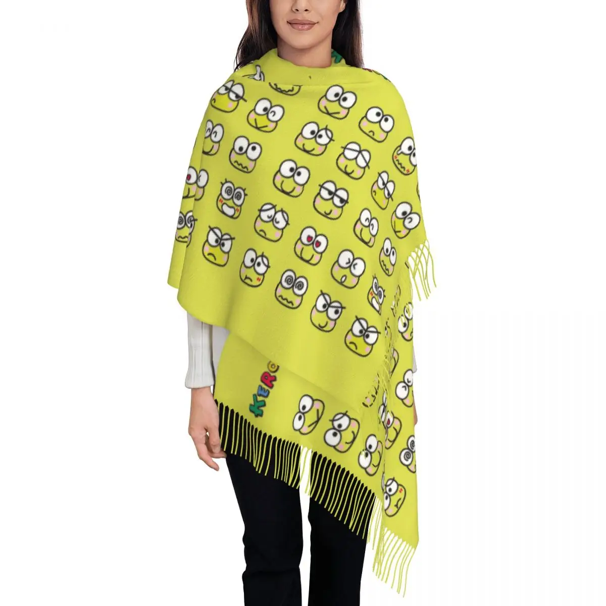 Custom Keroppi Tassel Scarf Women Soft Shawl Wrap Lady Winter Scarves