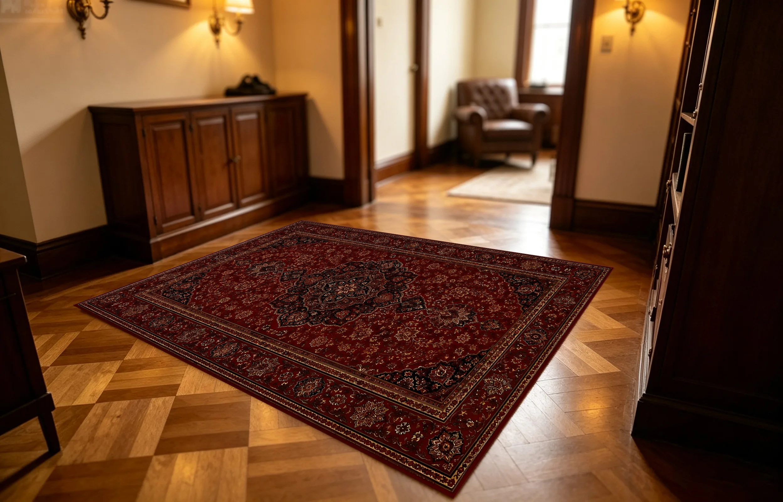 A Vintage-Style Velvet Carpet with a Symmetrical Persian Floral Pattern in a Red Center, Perfect for New Year Celebrations, Weddings, Living Rooms, Bedrooms, and Entryways Creates a Warm, Retro, and Sophisticated Home Atmosphere.