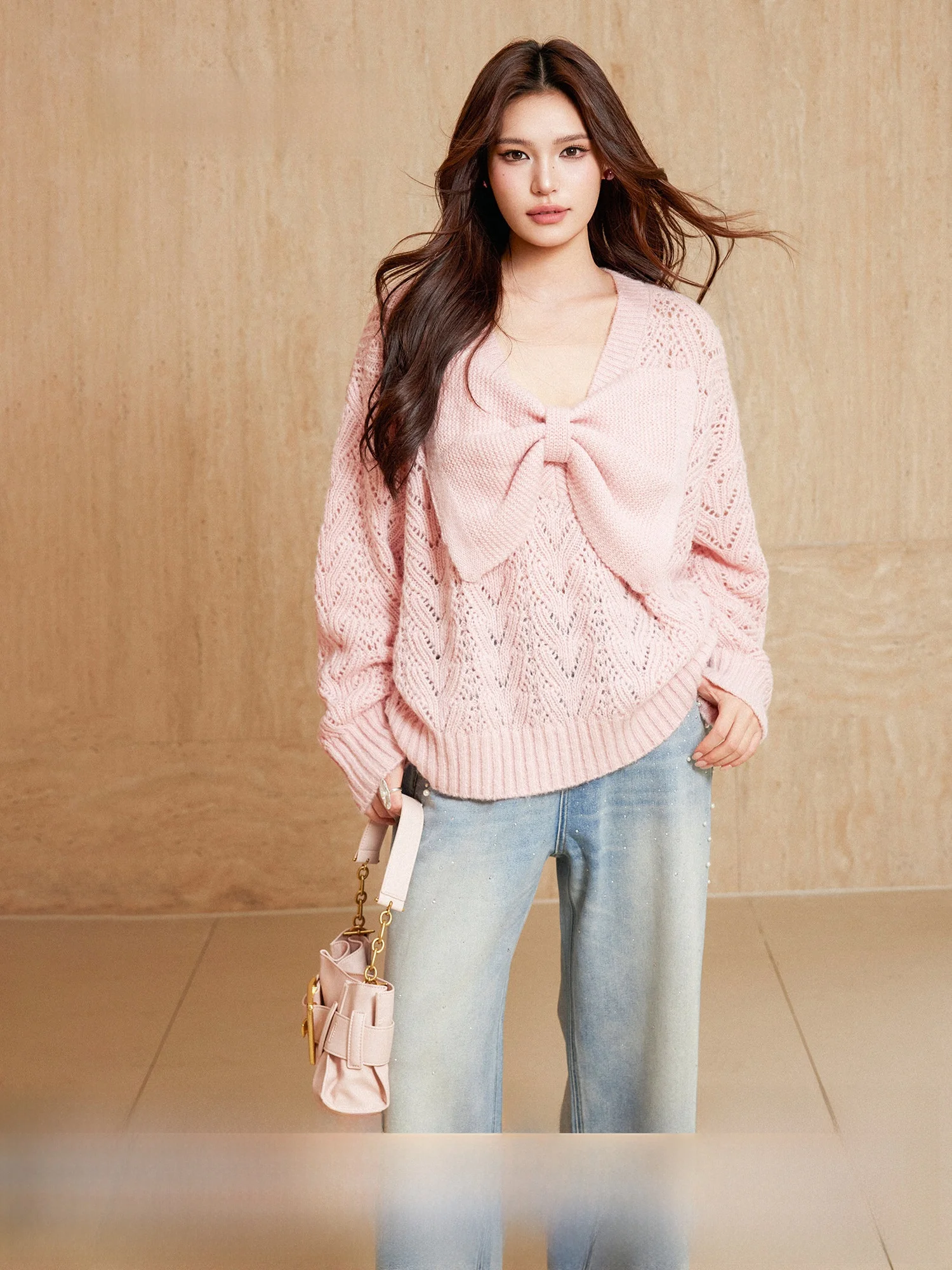 

Plusmall Floral Knot Hollow V-ne Wool Blend Knitted Sweater Women's Top Sweet Sle Loose Fit Spring Casual Wear