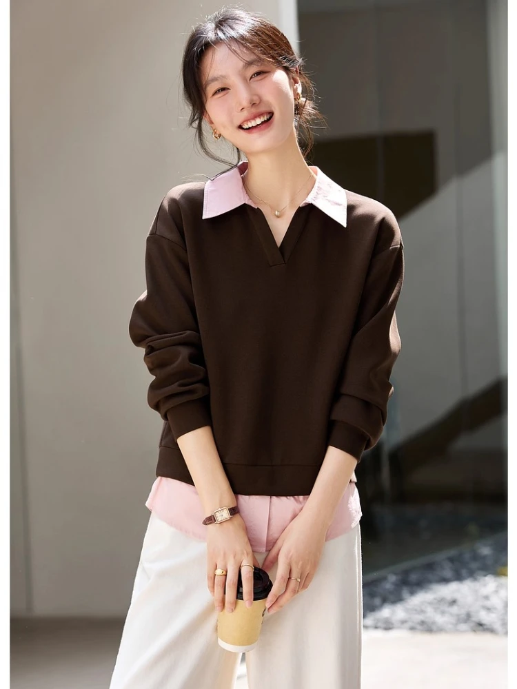 

VIMLY Women's Sweatshirt Contrast Color Turn-down Neck Preppy Style Long Sleeve Brown Sweatshirts Loose Tops 2025 Autumn A2517