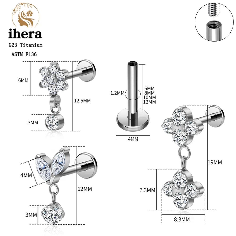 ASTM F136 Titanium Ear Cartilage Earrings Internal Thread 16G Hidden Helix Stud CZ Drape Chain Flat Back Tragus Piercing Jewelry