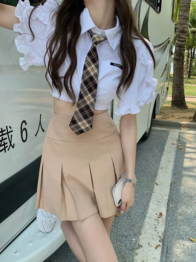 College-Stijl Kaki Plooirok Sets Japan Koreaanse Studenten Jk Uniform Heet Meisje Met Korte Mouwen Wit Overhemd Strikpak Zomer