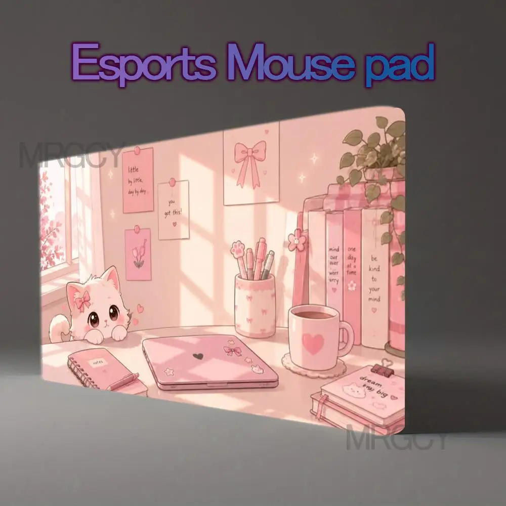 Large Gaming Mousepad Kawaii Pink Cute Cat Pastel Desk Scene Desk Mat Waterproof Non-slip Rubber Base Office Decor Gift