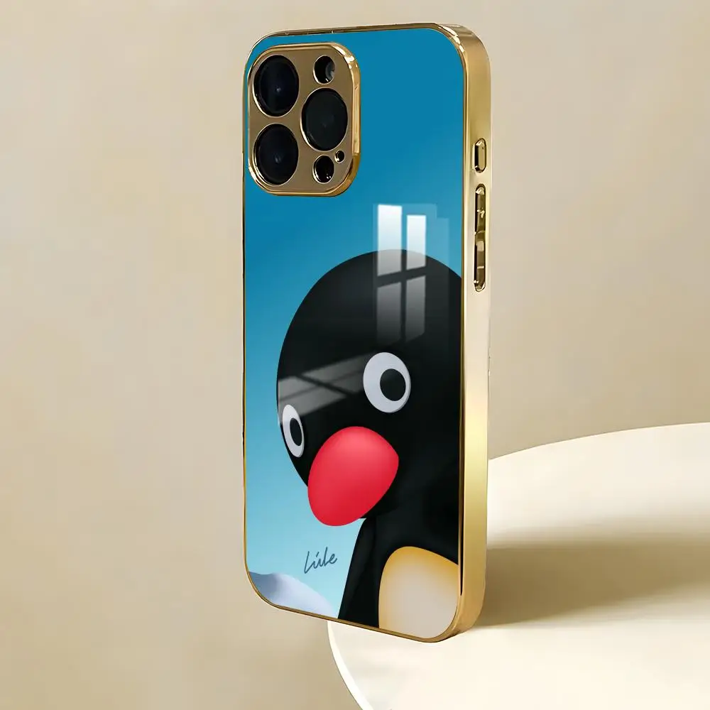 Cartoon Cute Funny Claymation P-Pingu Phone Case For iPhone 17 16 15 14 13 12 Pro Max Electroplated Metal Bumper Case