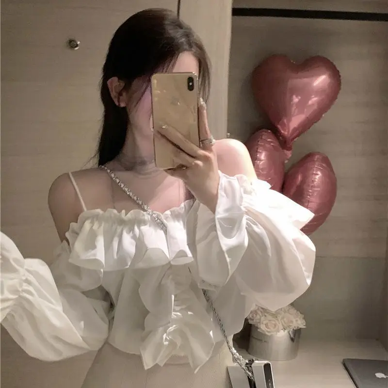 Wiosna jesień jednokolorowa bluzka z głębokim dekoltem i długim rękawem damska główna ulica Ruffles Patchwork plisowane swetry topy z odkrytymi ramionami